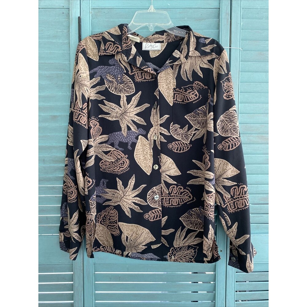 Kathy Che Women's Button Up Classy Shirt ~Sz 10 ~ Black & Beige ~ Long Sleeve